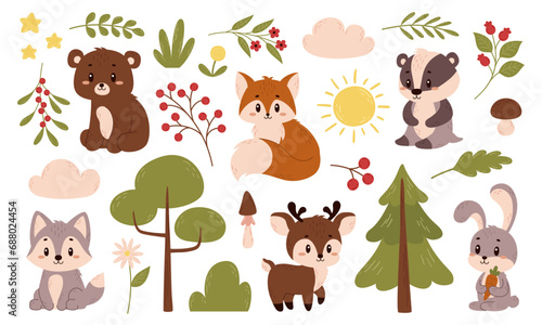 Fototapeta Naklejka Na Ścianę i Meble -  Vector forest illustrations. Set of animals and plants