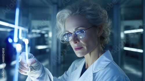 woman in lab coat examining test tube in modern laboratory