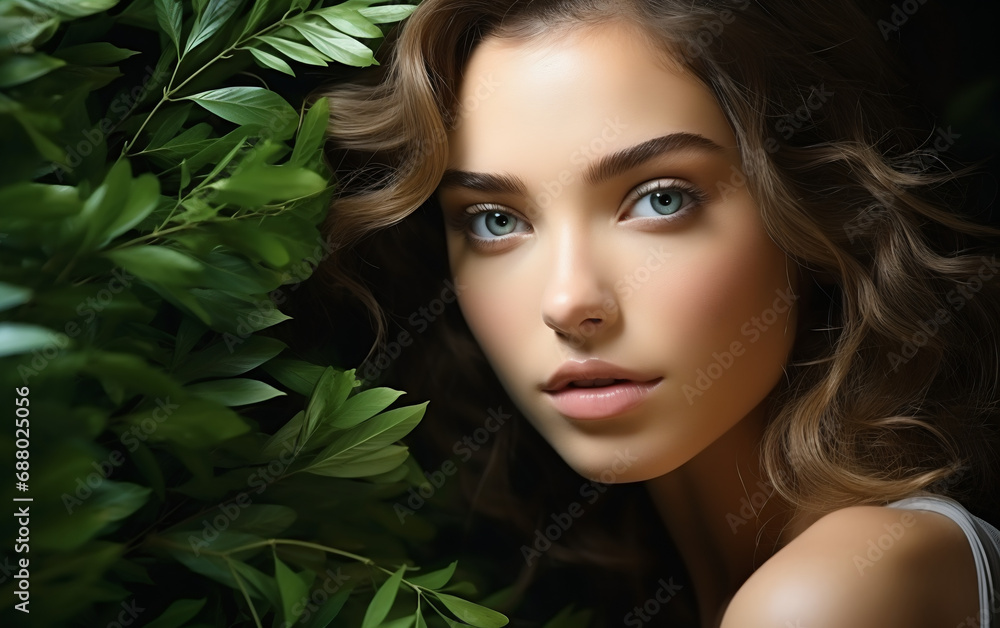 Close-up on a woman's face with smooth and perfectly cared for skin with fresh green leaves next to it, advertising photo from the cosmetics and beauty industry Close-up on a woman's face with smooth and perfectly cared for skin with fresh green leaves next to it, advertising photo from the cosmetics and beauty industry