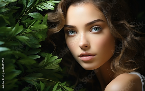 Close-up on a woman's face with smooth and perfectly cared for skin with fresh green leaves next to it, advertising photo from the cosmetics and beauty industry