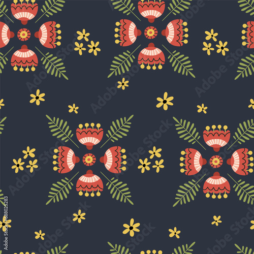 Folk scandi seamless pattern - leaves, flowers, branches in scandinavian nordic style, ethnic floral repeating motives on background for wrapping, textile, digital or scrapbook paper