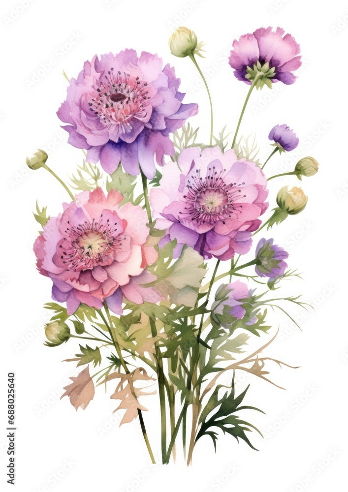 watercolor illustration scabiosa bouquet, isolated on white background