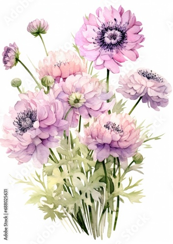 watercolor illustration scabiosa bouquet, isolated on white background