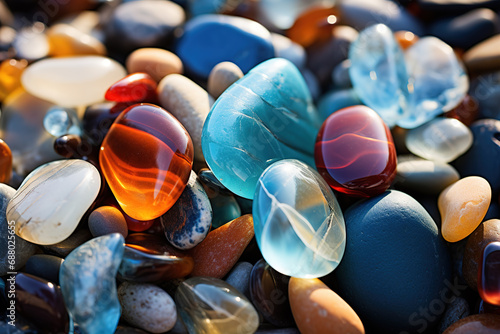Natural polish textured sea glass and stones on the seashore photo
