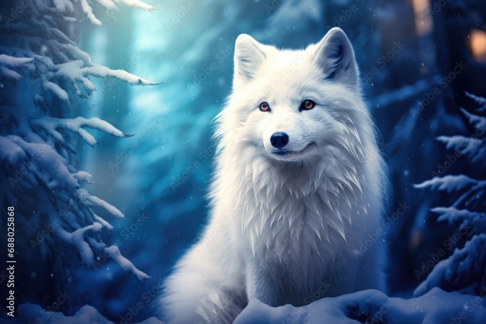 white fox in mystic winter forest illustration