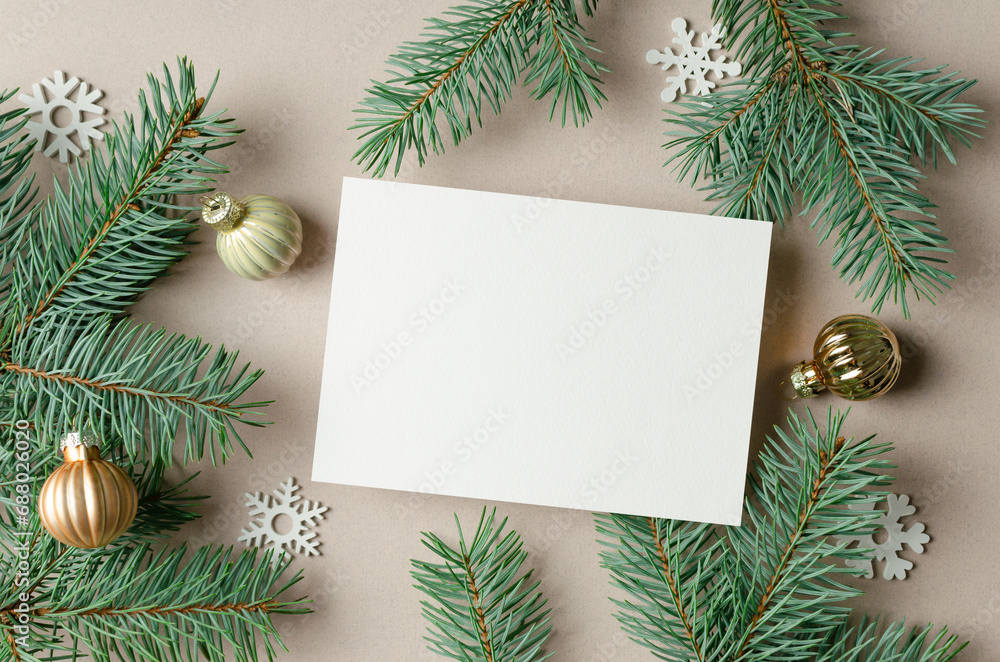Christmas or New Year greeting card mockup with festive decor, blank card mock up with copy space Christmas or New Year greeting card mockup with festive decor, blank card mock up with copy space