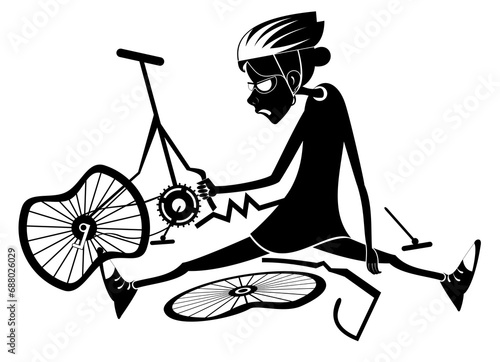 Sad cyclist woman and broken bike. Cyclist woman with downcast head sitting near a broken bicycle. Black on white background 