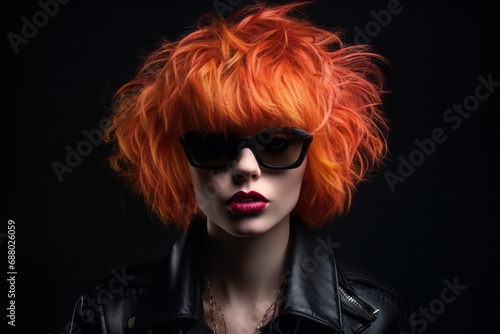 Portrait of a young rebellious woman with red hair wearing sunglasses and leather jacket with intense lipstick