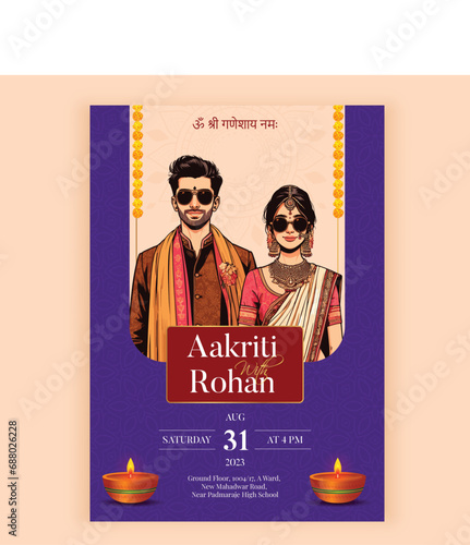 Traditional Royal Wedding Invitation card design with Bride and Groom illustration cool and modern