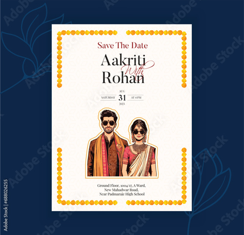 Traditional Royal Wedding Invitation card design with Bride and Groom illustration cool and modern