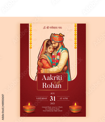 Traditional Royal Wedding Invitation card design with Bride and Groom illustration cool and modern