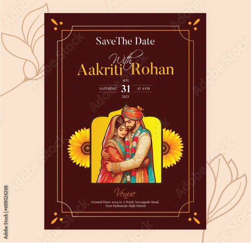 Traditional Royal Wedding Invitation card design with Bride and Groom illustration cool and modern