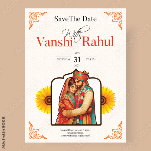 Traditional Royal Wedding Invitation card design with Bride and Groom illustration cool and modern