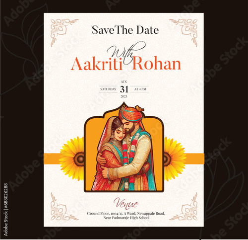 Traditional Royal Wedding Invitation card design with Bride and Groom illustration cool and modern