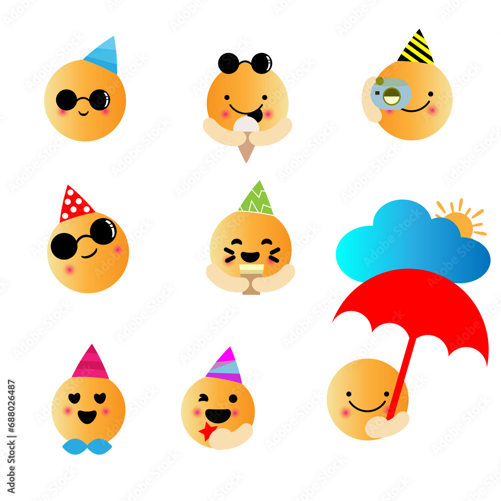 Fototapeta premium Set of cute cartoon summer sun with decorations