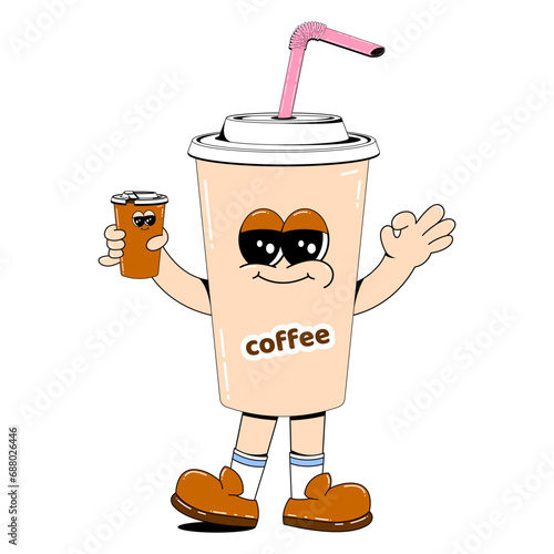 Cute coffee character. Paper glass with lid and straw. An infused coffee mascot with arms, legs and a cute face.