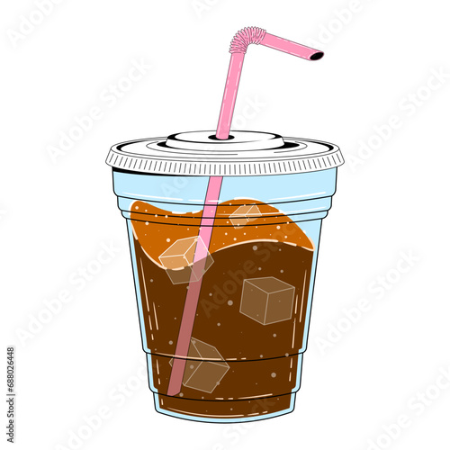 Straight glass with cola and ice in retro cartoon style. Vector flat illustration of a plastic glass with a straw and cold cola.