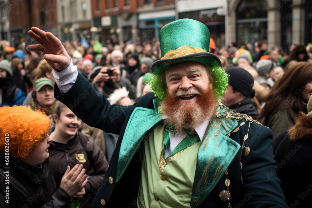 Man in green leprechaun costume celebrating St. Patrick's Day