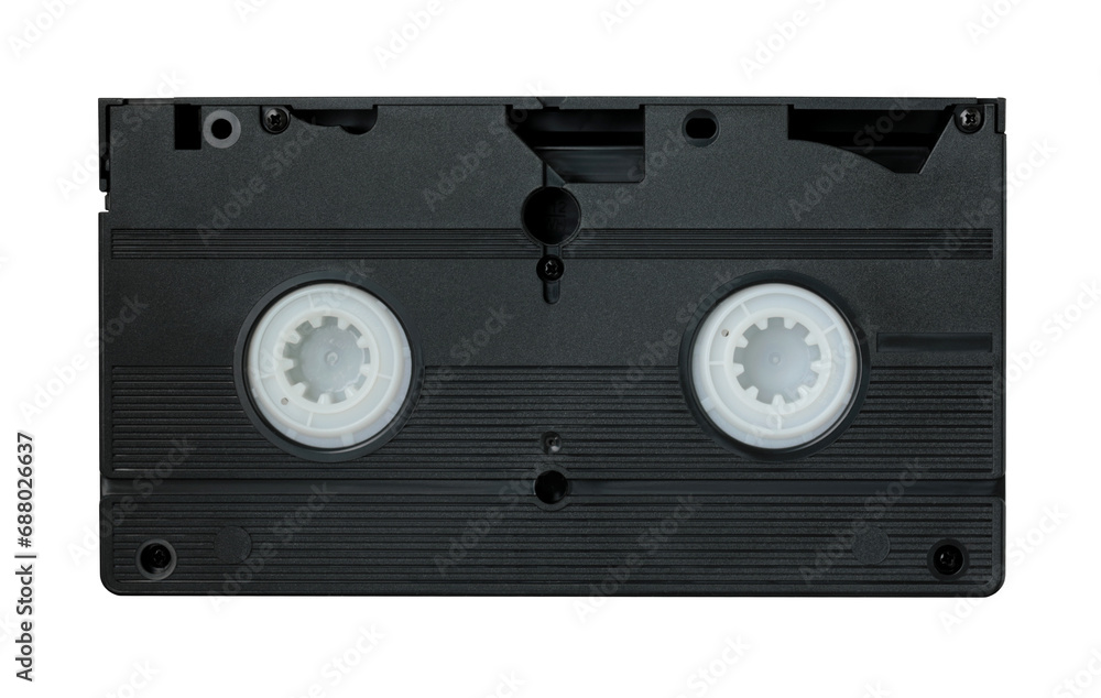 Backside of retro old analog video cassette, isolated on white background, top view, retro things concept Backside of retro old analog video cassette, isolated on white background, top view, retro things concept