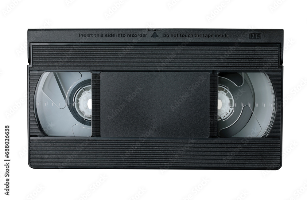 Retro old analog video cassette with copyspace, isolated on white background, top view, retro things concept