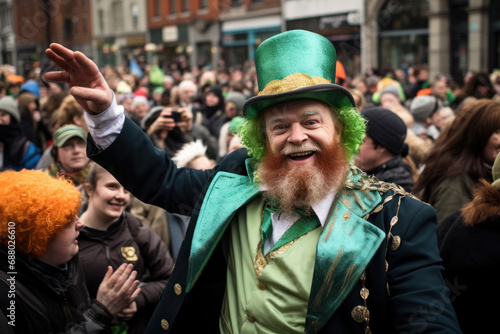 Man in green leprechaun costume celebrating St. Patrick's Day