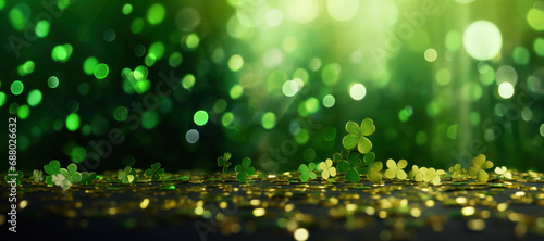 St. Patrick's Day clover confetti with green bokeh photo