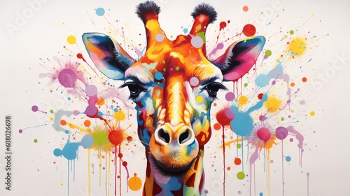 a colorful and whimsical portrayal of a curious giraffe  its long neck and distinctive spots depicted in playful colors on a pristine white canvas  reflecting the gentle nature of these tall animals.