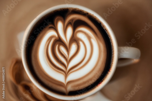 Cup of cappuccino with latte art on wooden background. Generative AI