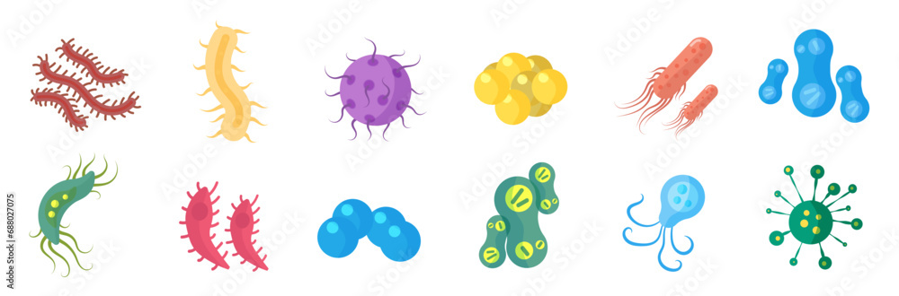 Bacteria and germs colorful set, micro-organisms disease-causing objects, different types, bacteria, viruses, fungi, protozoa. Vector flat microbe. Bactery cell cancer germ, viruses, fungi, probiotic. - obrazy, fototapety, plakaty 
