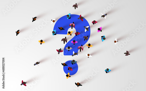 Large group of people standing around question mark sign. People crowd. Top view.