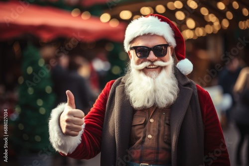 cool santa claus with sunglasses shows thumb up