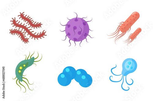 Bacteria and germs colorful set  micro-organisms disease-causing objects  different types  bacteria  viruses  fungi  protozoa. Vector flat microbe. Bactery cell cancer germ  viruses  fungi  probiotic.