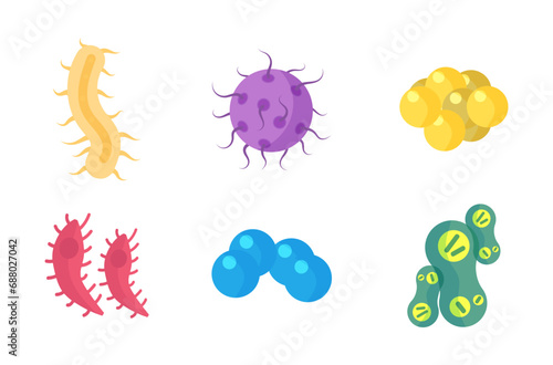 Bacteria and germs colorful set, micro-organisms disease-causing objects, different types, bacteria, viruses, fungi, protozoa. Vector flat microbe. Bactery cell cancer germ, viruses, fungi, probiotic.
