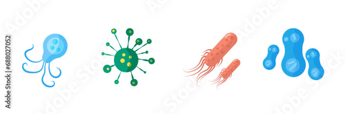 Bacteria and germs colorful set, micro-organisms disease-causing objects, different types, bacteria, viruses, fungi, protozoa. Vector flat microbe. Bactery cell cancer germ, viruses, fungi, probiotic. © Little Monster 2070