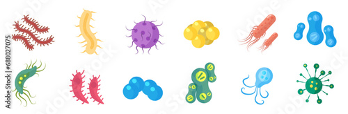 Bacteria and germs colorful set, micro-organisms disease-causing objects, different types, bacteria, viruses, fungi, protozoa. Vector flat microbe. Bactery cell cancer germ, viruses, fungi, probiotic. photo