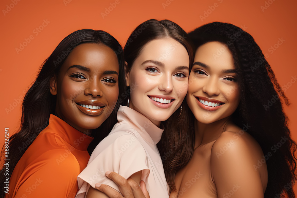 tres mujeres modelos jovenes de distintas razas, posando abrazadas sobre fondo naranja tres mujeres modelos jovenes de distintas razas, posando abrazadas sobre fondo naranja