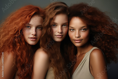 tres mujeres modelos jovenes de distintas razas, posando sobre fondo naranja photo
