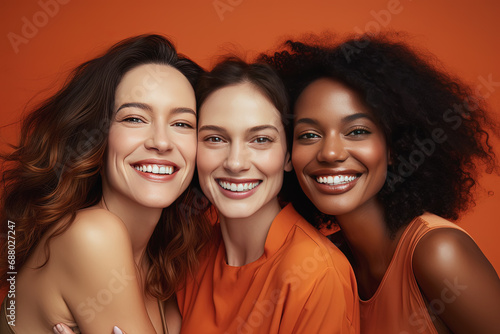 tres mujeres modelos jovenes de distintas razas, posando sobre fondo naranja