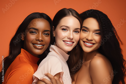 tres mujeres modelos jovenes de distintas razas, posando abrazadas sobre fondo naranja