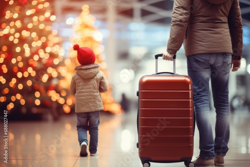 father and child with travel suitcase on christmas