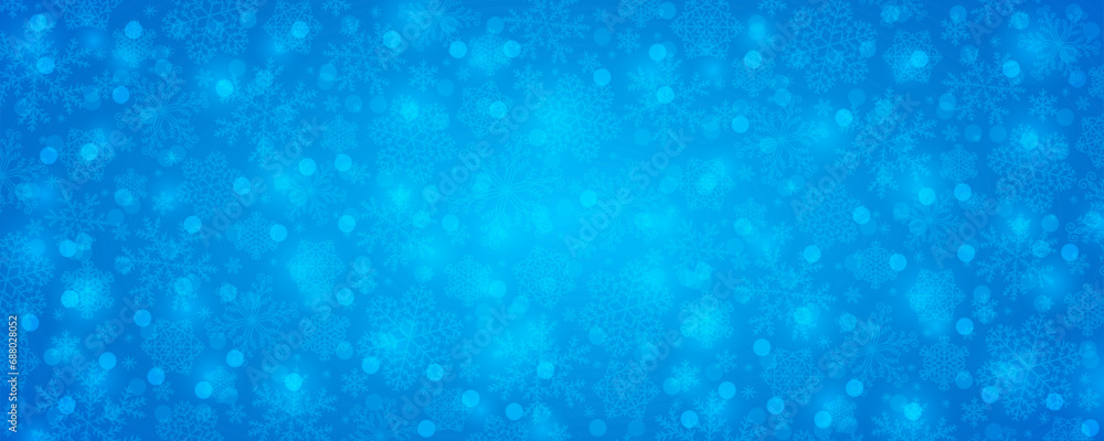 Blue Christmas banner with snowflakes and bokeh. Merry Christmas and Happy New Year greeting banner. Horizontal new year background, headers, posters, cards, website. Vector illustration