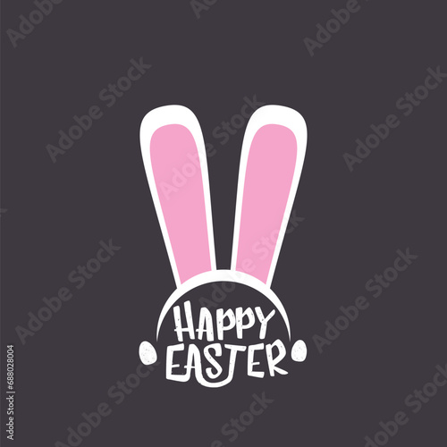 Vector happy easter greeting card with white easter bunny funky mask with rabbit ears and easter text isolated on grey background.