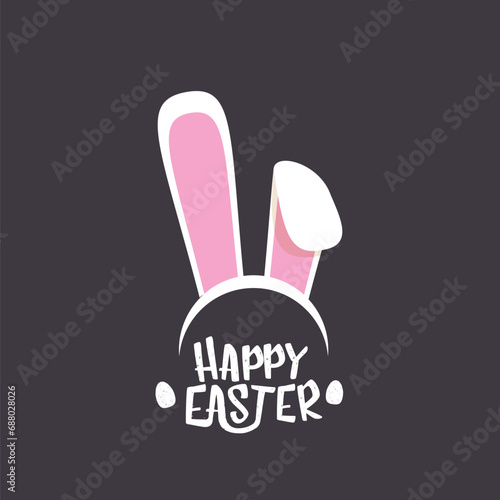 Vector happy easter greeting card with white easter bunny funky mask with rabbit ears and easter text isolated on grey background.