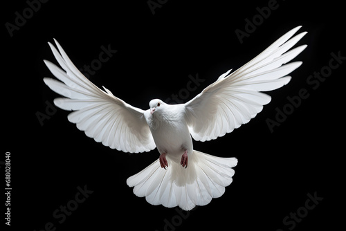white dove flying isolated on a black background