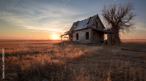 Abandoned damaged old house in a field