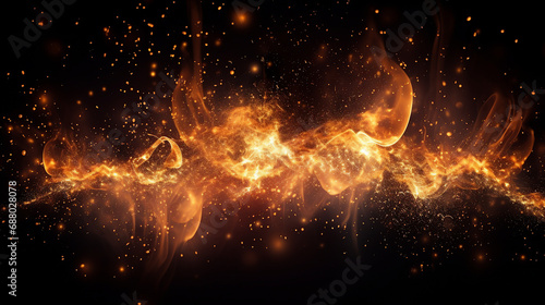 Fiery Celebration: Beautiful Fire Sparks and Vibrant Particles Emitting Heat and Light - Mesmerizing Abstract Display on Isolated Black Background for Festive Events.