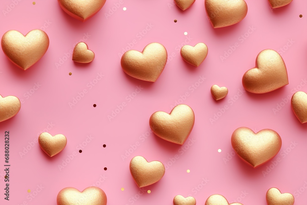 Obraz premium Seamless pattern with hearts, confetti. Applicable for fabric print, textile, wrapping paper, wallpaper. Pink background with shiny golden elements. Repeatable texture. Valentine's Day.
