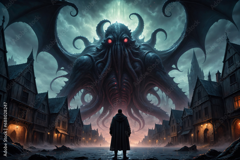 Fototapeta premium A person facing a gigantic cosmic horror above a medieval city - Oil painting style