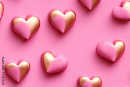 An enchanting array of golden and pink 3D hearts on a vibrant pink background, ideal for romantic themes, Valentine's Day, or love-related designs. Seamless pattern, repeatable texture.