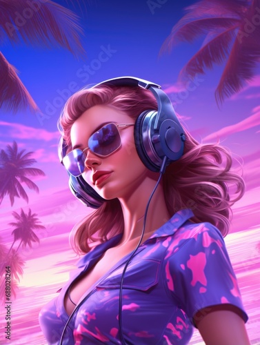 Attractive girl wearing headphones with futuristic neon light background, summer tropical party nightclub vibes